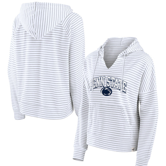 Women's Fanatics  White Penn State Nittany Lions Striped Notch Neck Pullover Hoodie