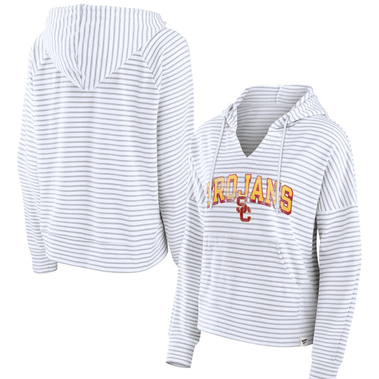 Women's Fanatics  White USC Trojans Striped Notch Neck Pullover Hoodie