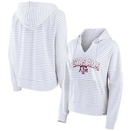 Women's Fanatics  White Texas A&M Aggies Striped Notch Neck Pullover Hoodie