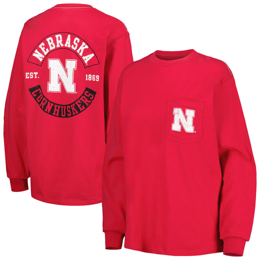 Women's League Collegiate Wear Scarlet Nebraska Huskers Oversized Pocket Long Sleeve T-Shirt