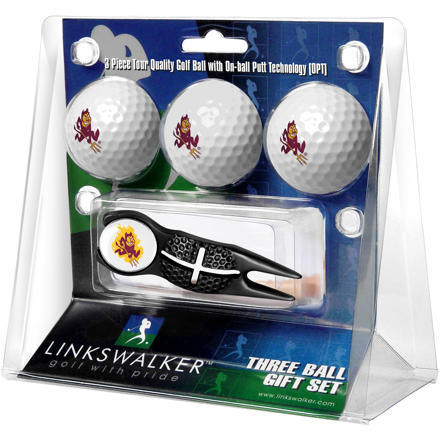 Arizona State Sun Devils 3-Pack Golf Ball Gift Set with Black Crosshair Divot Tool