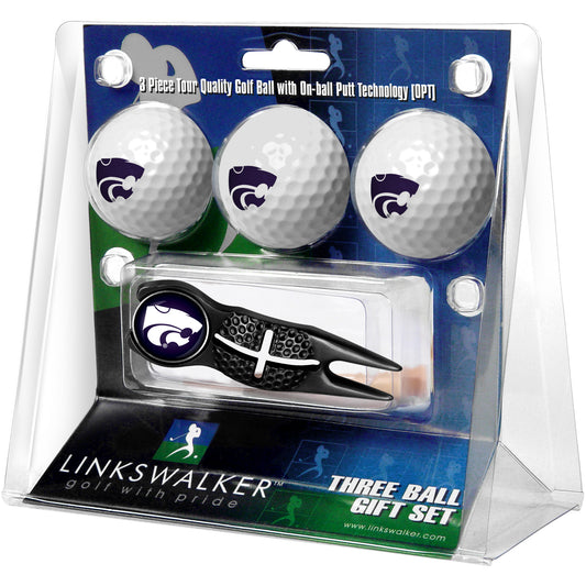 Kansas State Wildcats 3-Pack Golf Ball Gift Set with Black Crosshair Divot Tool