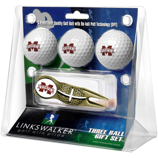 Mississippi State Bulldogs 3-Pack Golf Ball Gift Set with Gold Crosshair Divot Tool