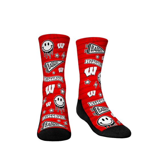 Youth Rock Em Socks Wisconsin Badgers Smiley Stickers Crew Socks