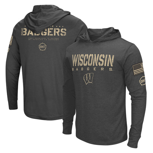 Men's Colosseum Heather Black Wisconsin Badgers Team OHT Military Appreciation Long Sleeve Hoodie T-Shirt