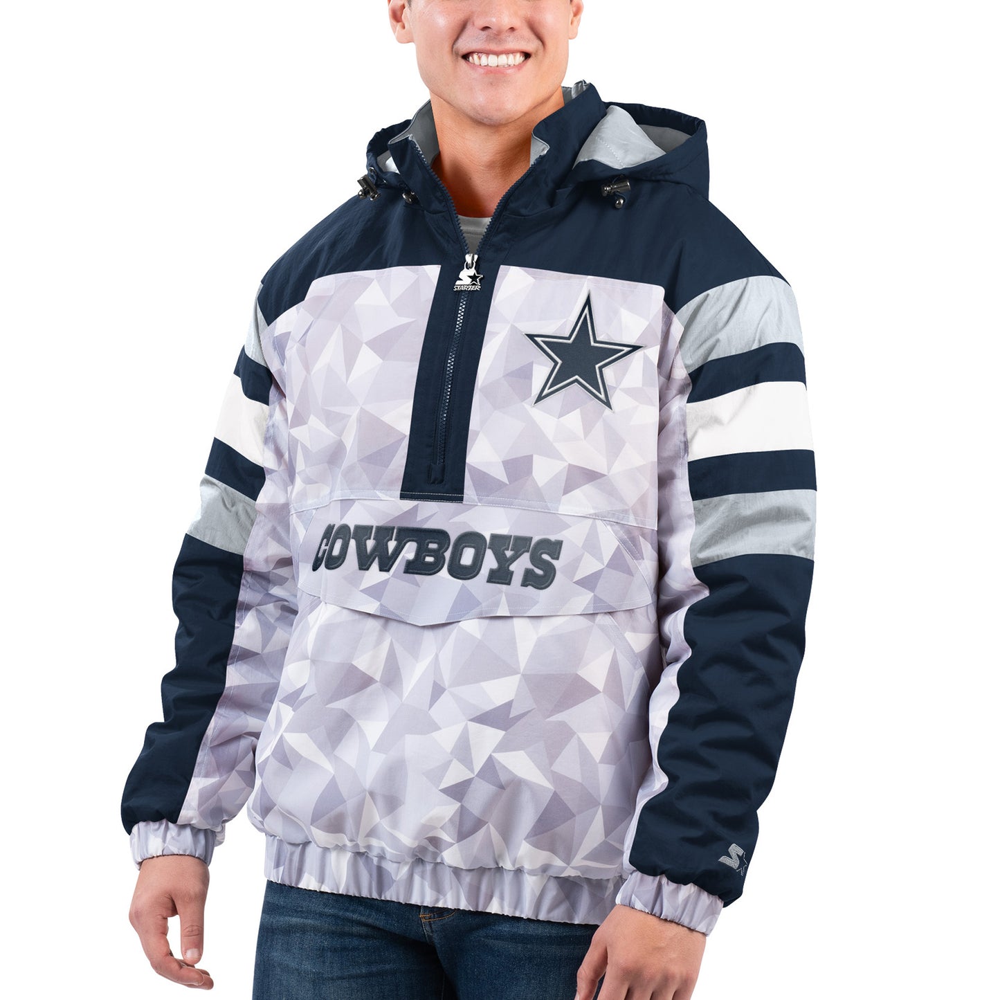 Men's Starter White/Navy Dallas Cowboys Thursday Night Gridiron Raglan Half-Zip Hooded Jacket