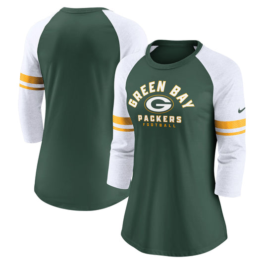 Women's Nike Green Green Bay Packers 3/4-Sleeve Lightweight Raglan Fashion T-Shirt