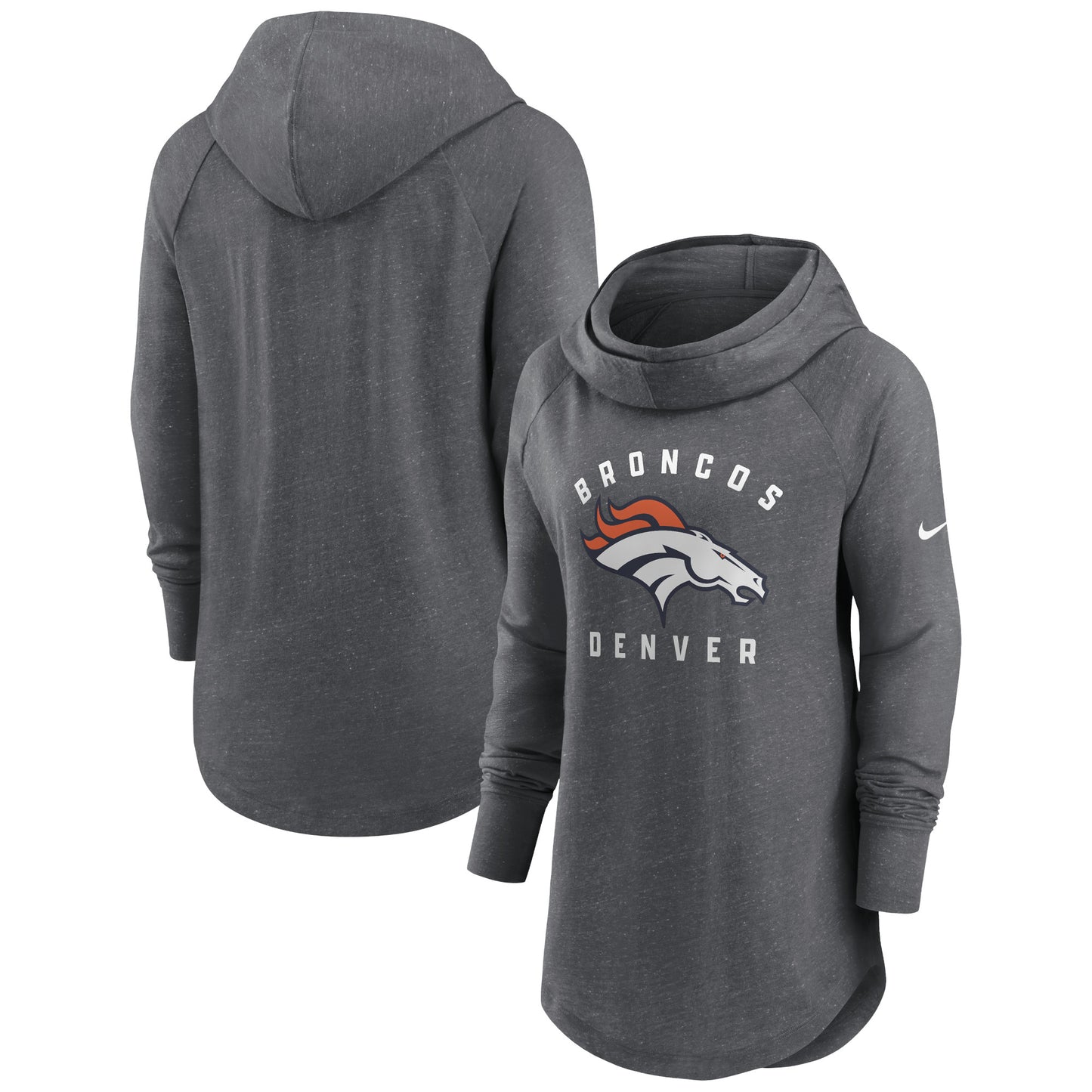 Women's Nike Heather Charcoal Denver Broncos Raglan Funnel Neck Pullover Hoodie