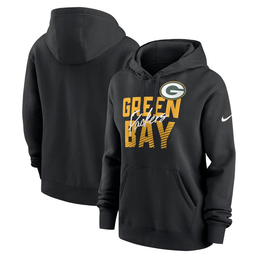 Women's Nike Black Green Bay Packers Wordmark Club Fleece Pullover Hoodie