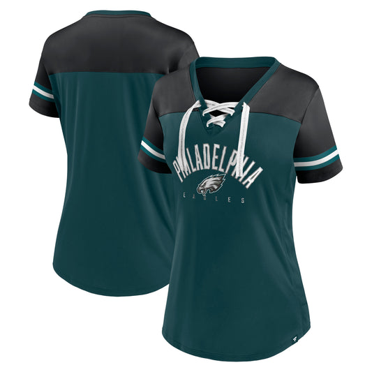 Women's Fanatics Midnight Green/Black Philadelphia Eagles Blitz & Glam Lace-Up V-Neck Jersey T-Shirt