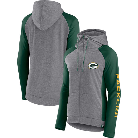 Women's Fanatics  Heather Gray/College Green Green Bay Packers Blind Side Lightweight Full-Zip Hoodie