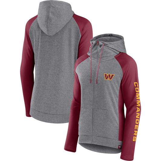 Women's Fanatics  Heather Gray/College Burgundy Washington Commanders Blind Side Lightweight Full-Zip Hoodie