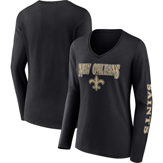 Women's Fanatics Black New Orleans Saints Wordmark Long Sleeve V-Neck T-Shirt