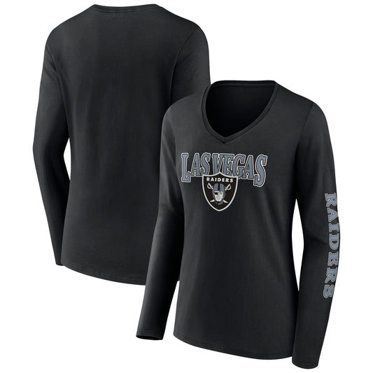 Women's Fanatics Black Las Vegas Raiders Wordmark Long Sleeve V-Neck T-Shirt