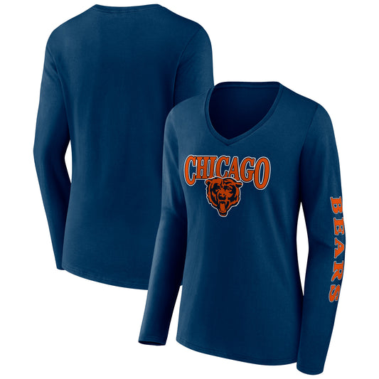 Women's Fanatics Navy Chicago Bears Wordmark Long Sleeve V-Neck T-Shirt