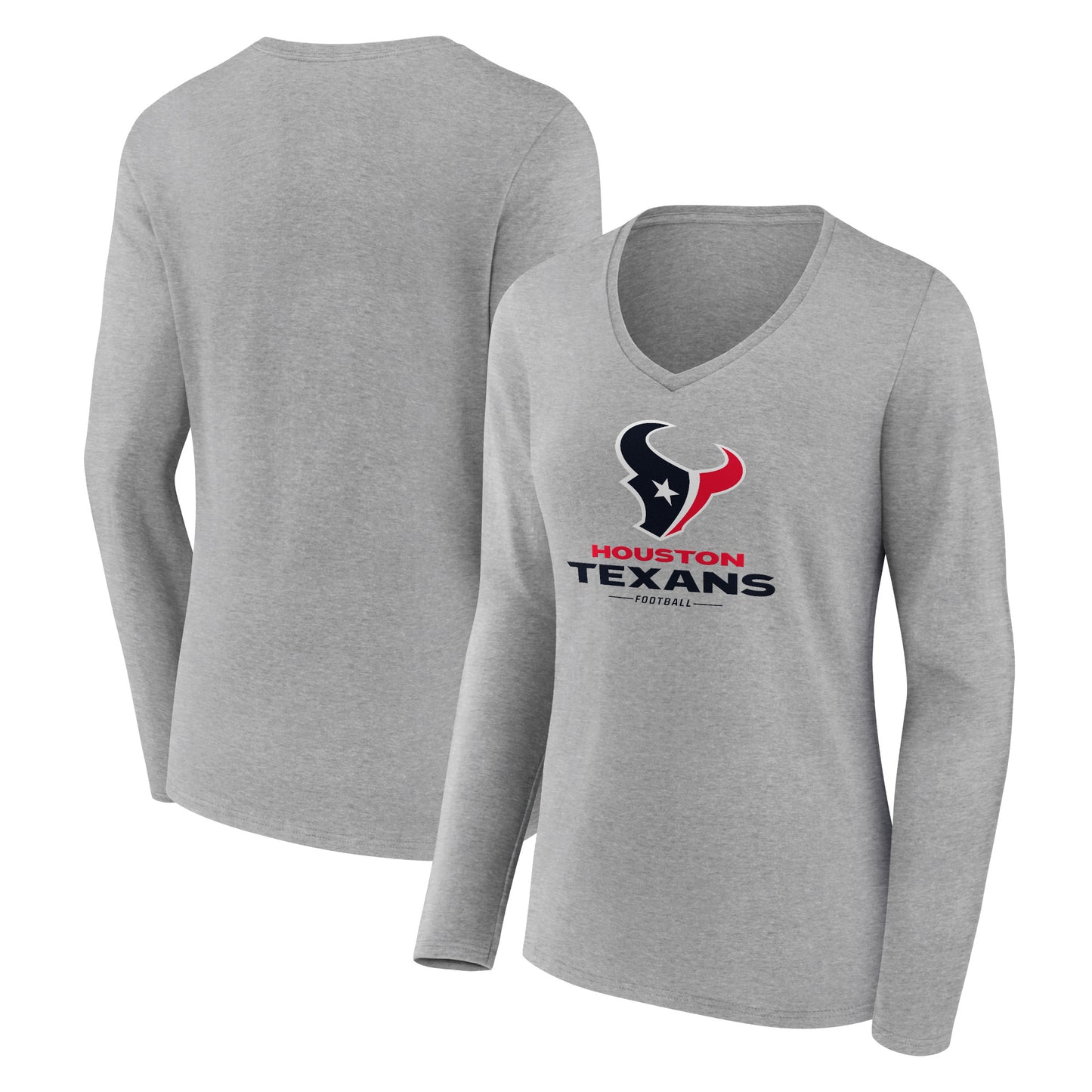 Women's Heather Gray Houston Texans Logo Team Lockup Long Sleeve V-Neck T-Shirt