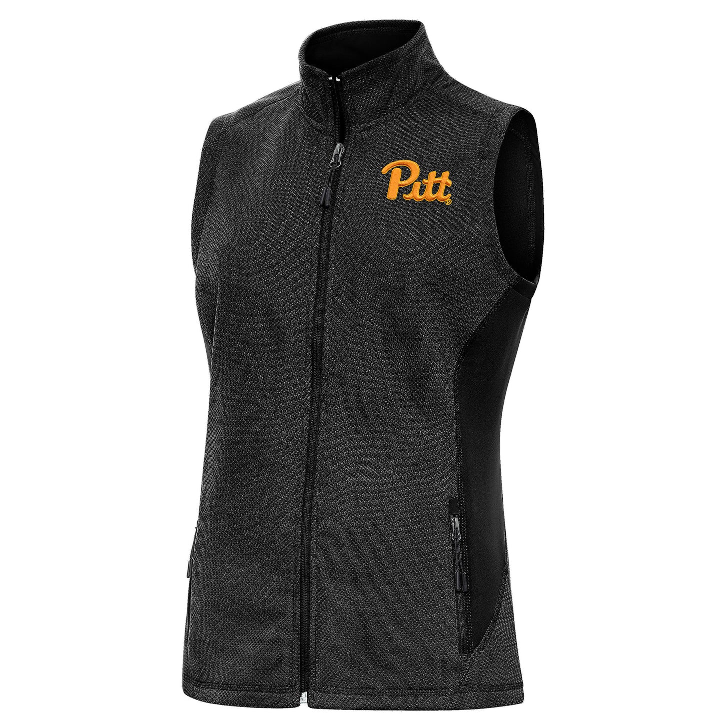 Women's Antigua Heather Black Pitt Panthers Course Full-Zip Vest