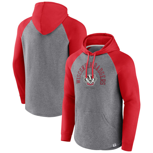 Men's Fanatics Red/Heather Gray Wisconsin Badgers Wrap Up Raglan Pullover Hoodie