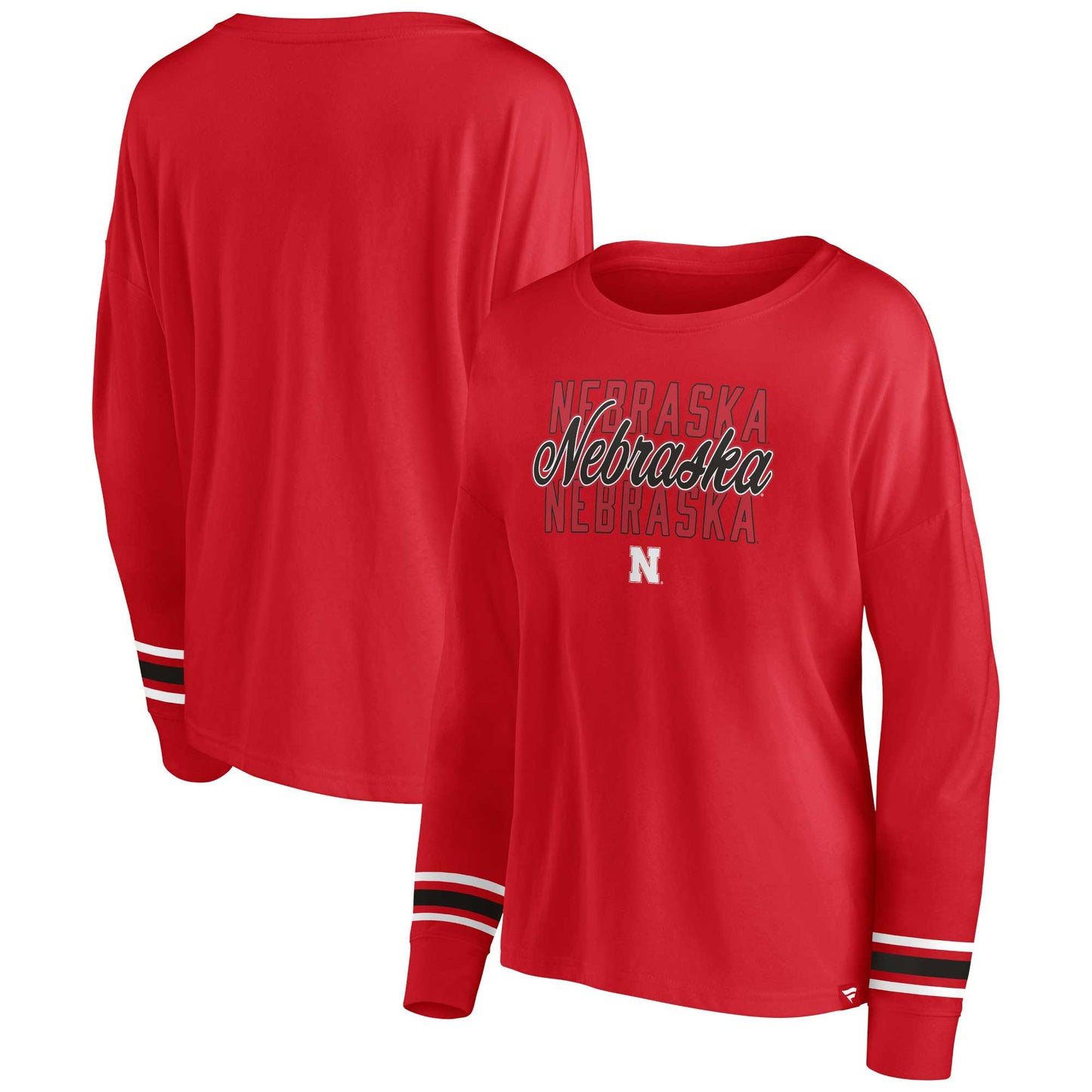 Women's Fanatics Scarlet Nebraska Huskers Triple Script Lightweight Boat Neck Long Sleeve T-Shirt