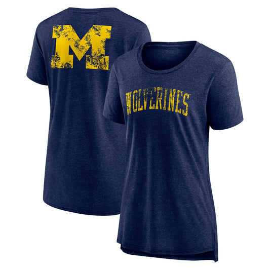 Women's Heather Navy Michigan Wolverines Slab Serif Tri-Blend T-Shirt