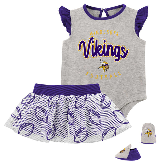 Girls Infant Heather Gray/Purple Minnesota Vikings All Dolled Up Three-Piece Bodysuit, Skirt & Booties Set