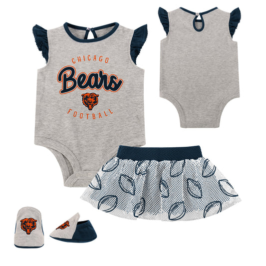 Newborn Heather Gray/Navy Chicago Bears All Dolled Up Three-Piece Bodysuit, Skirt & Booties Set