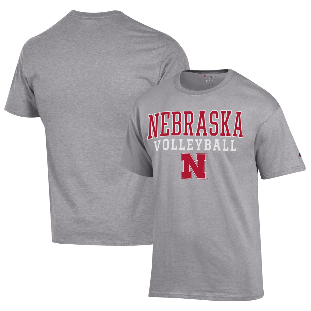 Men's Champion Heather Gray Nebraska Huskers Stack Logo Volleyball Powerblend T-Shirt