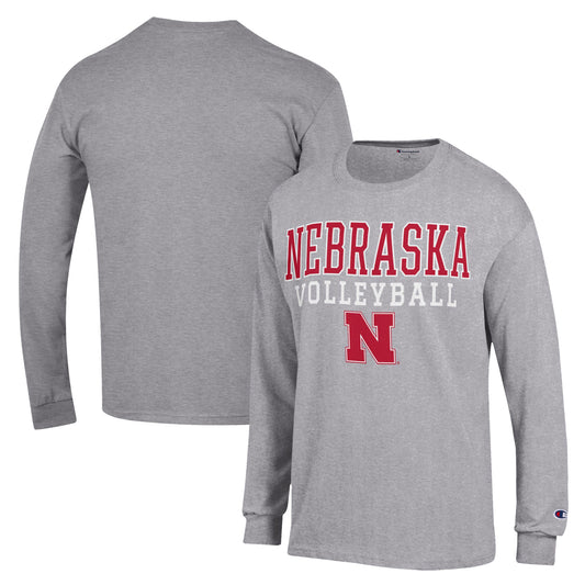 Men's Champion Heather Gray Nebraska Huskers Stack Logo Volleyball Powerblend Long Sleeve T-Shirt