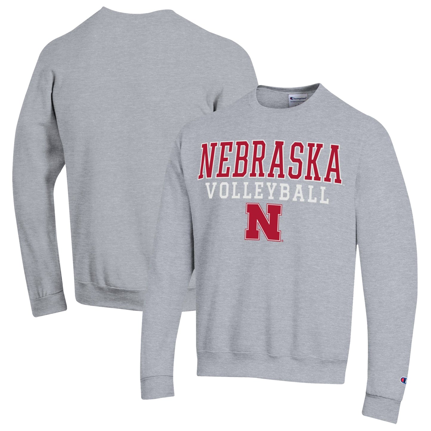 Men's Champion Heather Gray Nebraska Huskers Stack Logo Volleyball Powerblend Pullover Sweatshirt