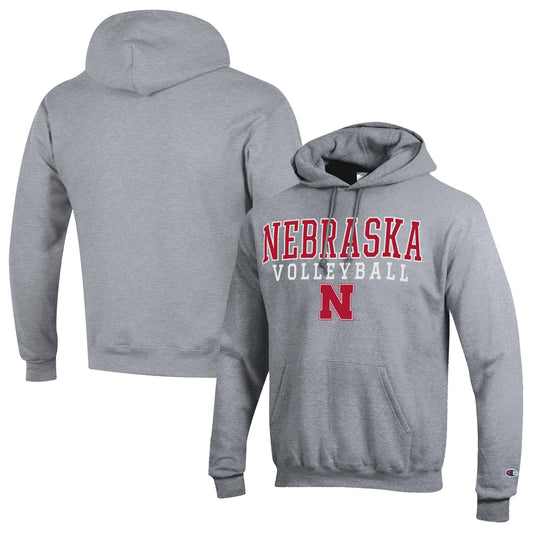 Men's Champion Heather Gray Nebraska Huskers Stack Logo Volleyball Powerblend Pullover Hoodie