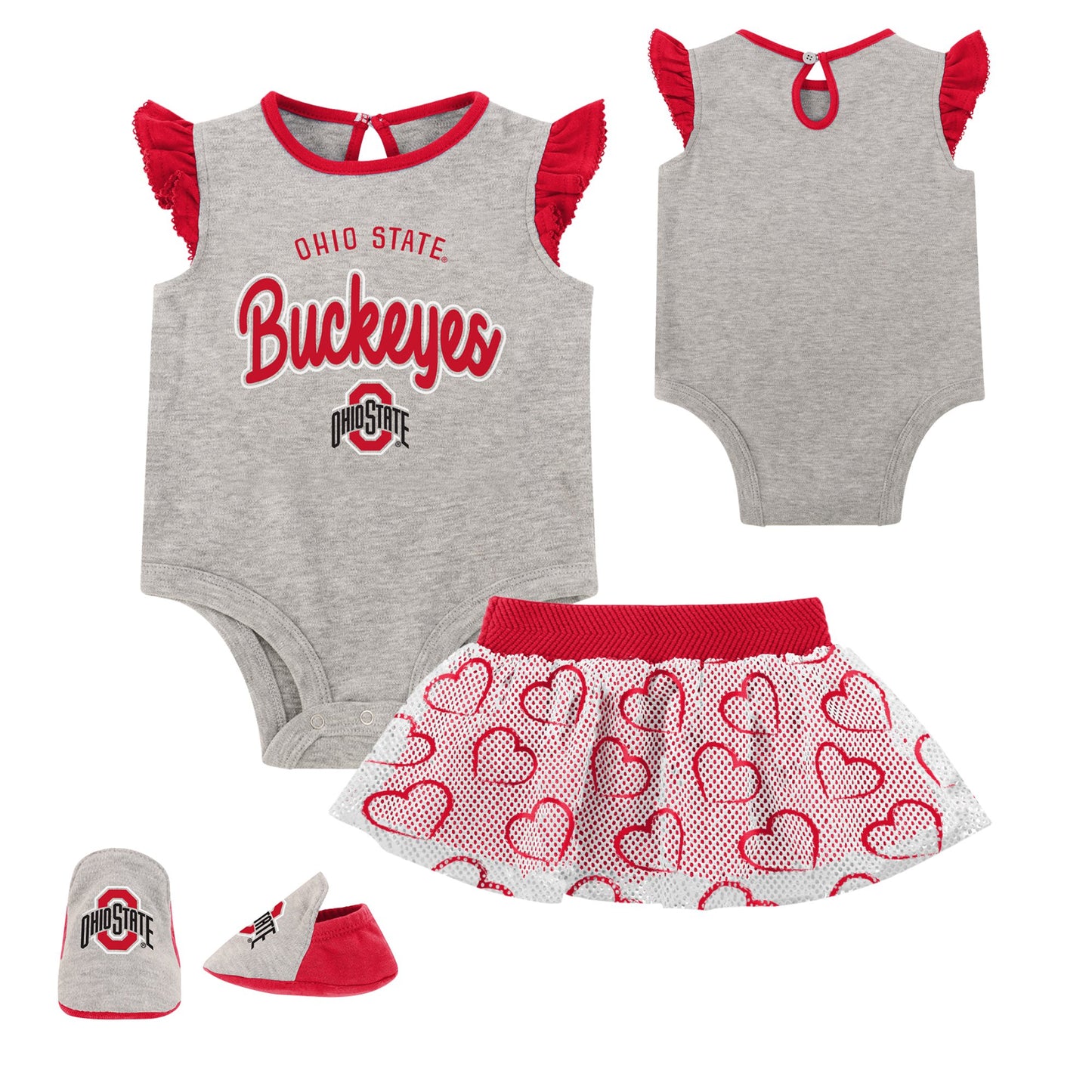 Girls Newborn Heather Gray Ohio State Buckeyes All Dolled Up Bodysuit, Skirt & Bootie Set