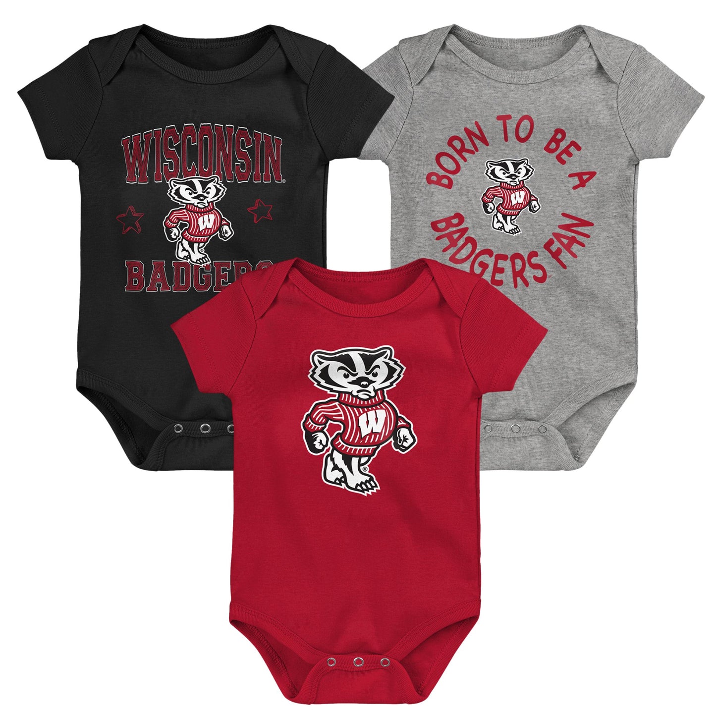 Newborn & Infant Red/Black/Heather Gray Wisconsin Badgers 3-Pack Born To Be Bodysuit Set