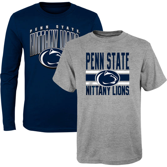 Preschool Navy/Heather Gray Penn State Nittany Lions Fan Wave Short & Long Sleeve T-Shirt Combo Pack