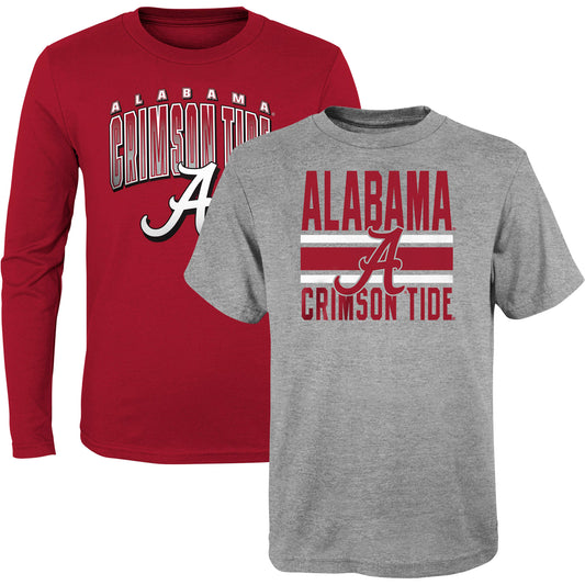 Preschool Crimson/Heather Gray Alabama Crimson Tide Fan Wave Short & Long Sleeve T-Shirt Combo Pack