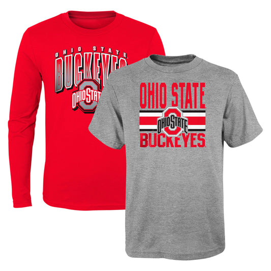 Preschool Scarlet/Heather Gray Ohio State Buckeyes Fan Wave Short & Long Sleeve T-Shirt Combo Pack