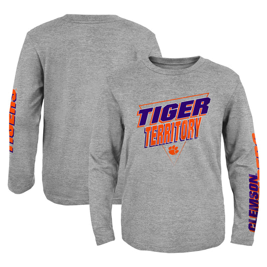 Youth Heather Gray Clemson Tigers 2-Hit For My Team Long Sleeve T-Shirt