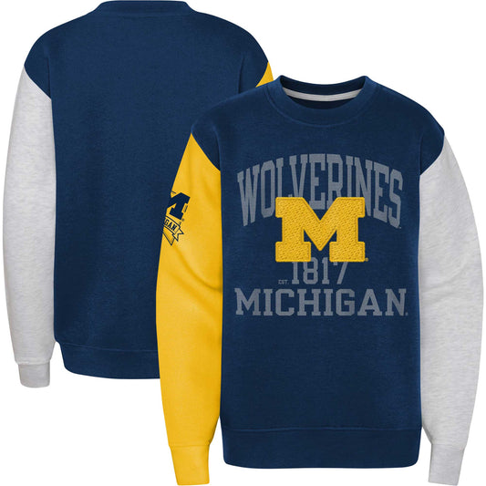 Youth Navy Michigan Wolverines Color Block Fleece Pullover Sweatshirt