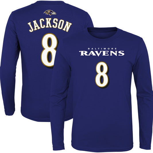 Youth Lamar Jackson Purple Baltimore Ravens Mainliner Player Name & Number Long Sleeve T-Shirt