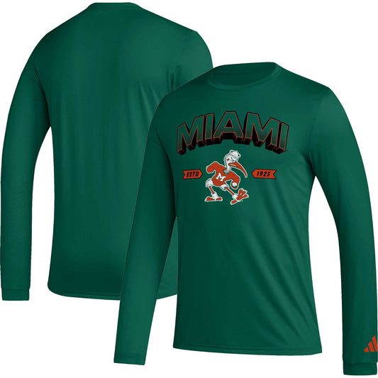 Men's adidas Green Miami Hurricanes Mighty Mascot Pregame Long Sleeve T-Shirt