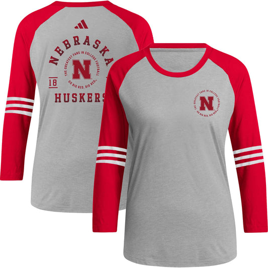 Women's adidas  Gray Nebraska Huskers Baseball Raglan 3/4-Sleeve T-Shirt