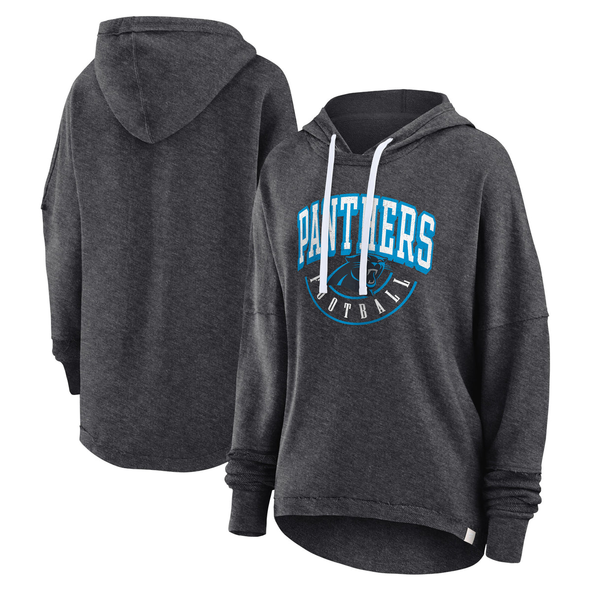 Women's Fanatics Charcoal Carolina Panthers Lightewight Modest Crop Lounge Helmet Arch Pullover Hoodie