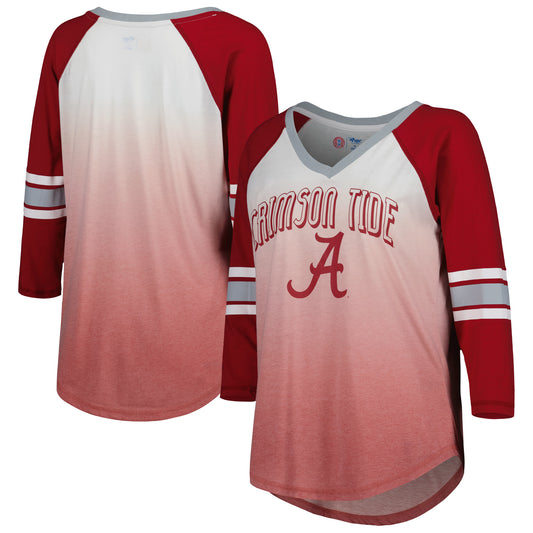 Women's G-III 4Her by Carl Banks White/Crimson Alabama Crimson Tide Lead Off Ombre Raglan 3/4-Sleeve V-Neck T-Shirt