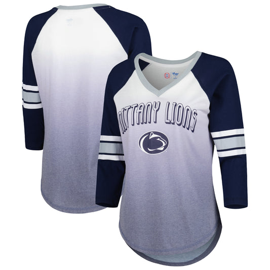 Women's G-III 4Her by Carl Banks White/Navy Penn State Nittany Lions Lead Off Ombre Raglan 3/4-Sleeve V-Neck T-Shirt