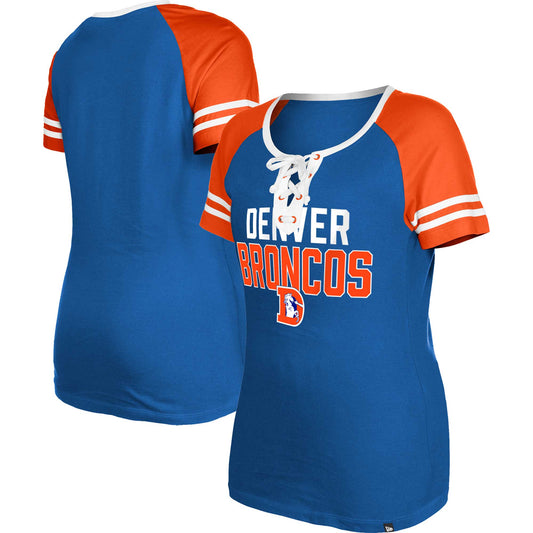 Women's New Era  Royal Denver Broncos Throwback Raglan Lace-Up T-Shirt