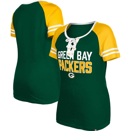 Women's New Era  Green Green Bay Packers Raglan Lace-Up T-Shirt