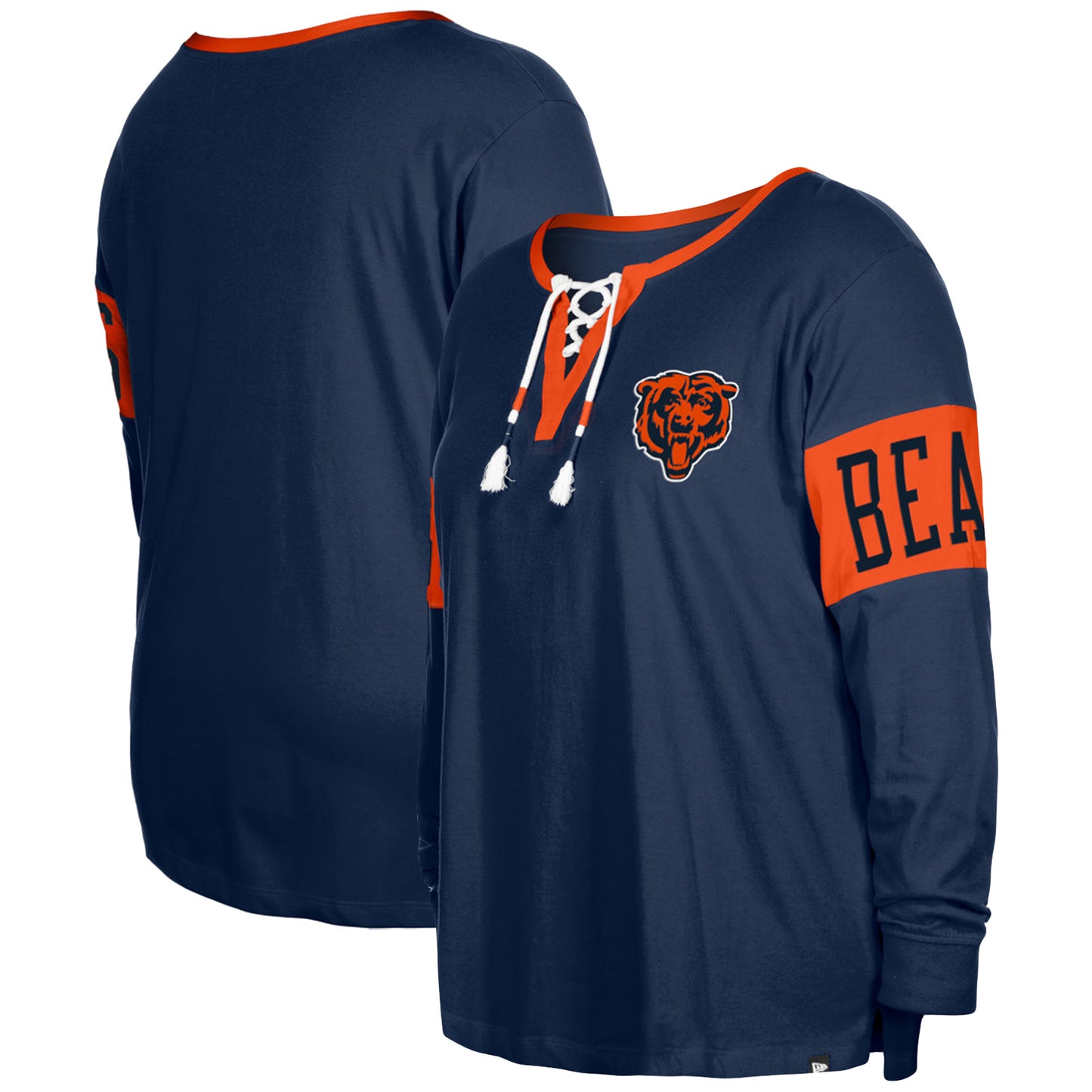 Women's New Era  Navy Chicago Bears Plus Size Lace-Up Notch Neck Long Sleeve T-Shirt