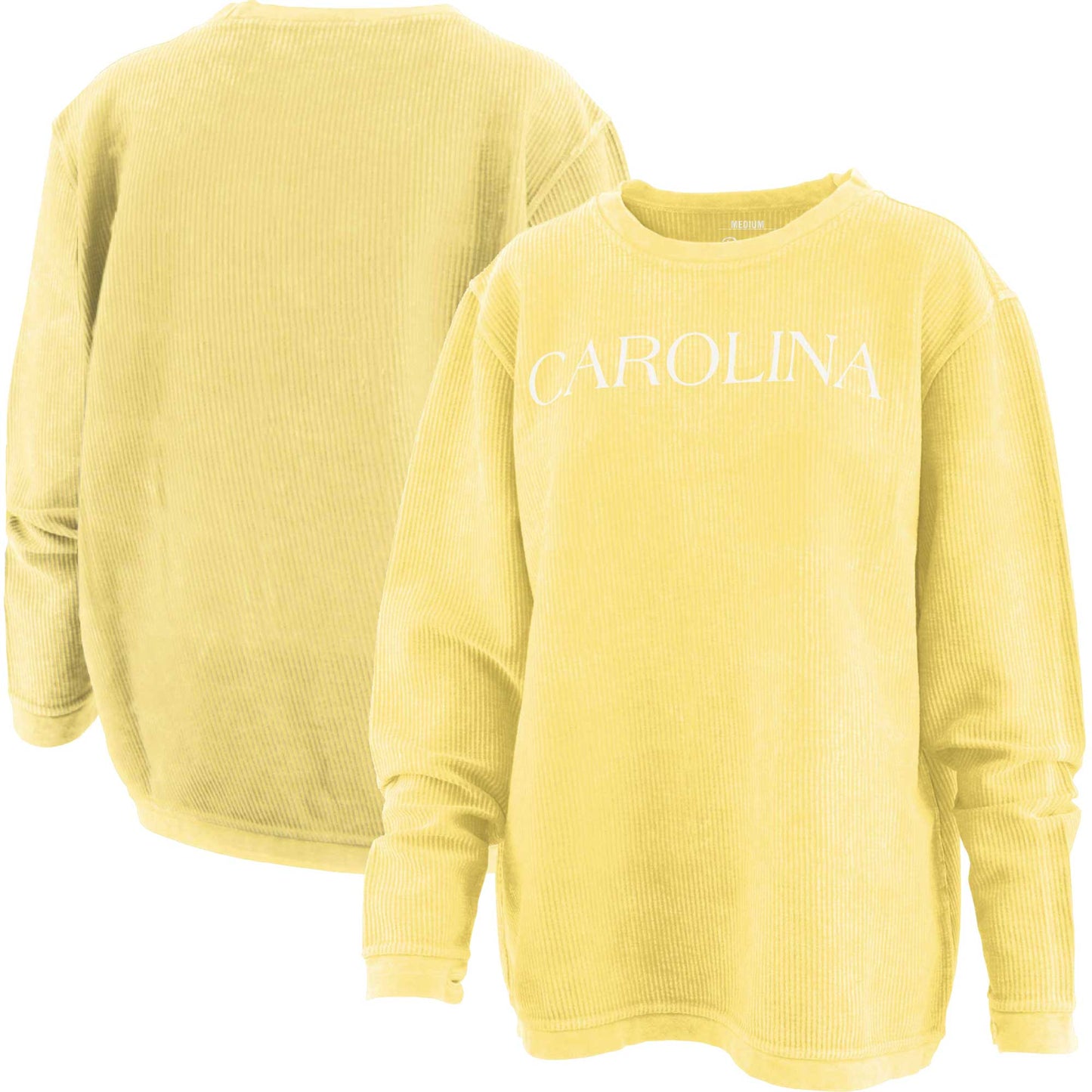 Women's Pressbox Yellow North Carolina Tar Heels Comfy Cord Bar Print Pullover Sweatshirt