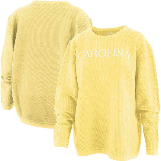 Women's Pressbox Yellow North Carolina Tar Heels Comfy Cord Bar Print Pullover Sweatshirt