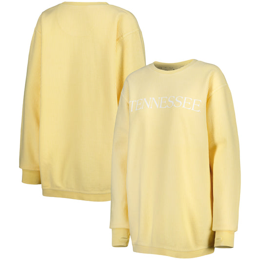 Women's Pressbox Yellow Tennessee Volunteers Comfy Cord Bar Print Pullover Sweatshirt