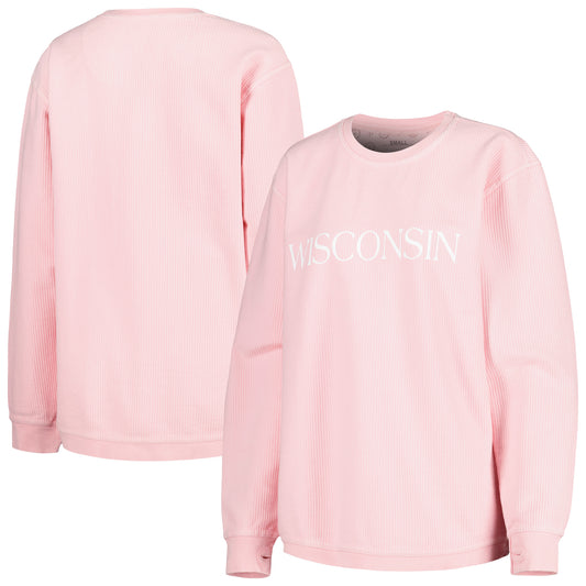 Women's Pressbox Pink Wisconsin Badgers Comfy Cord Bar Print Pullover Sweatshirt